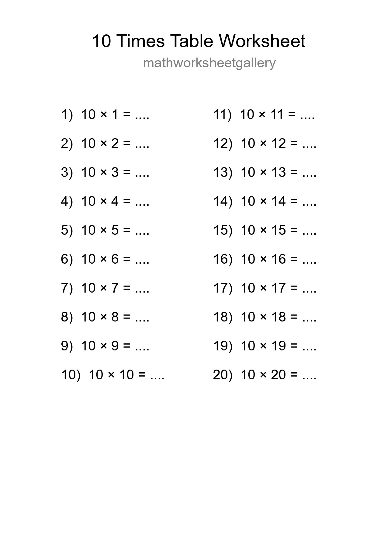 10 Times Table Worksheet For Grade 3 - Part 249