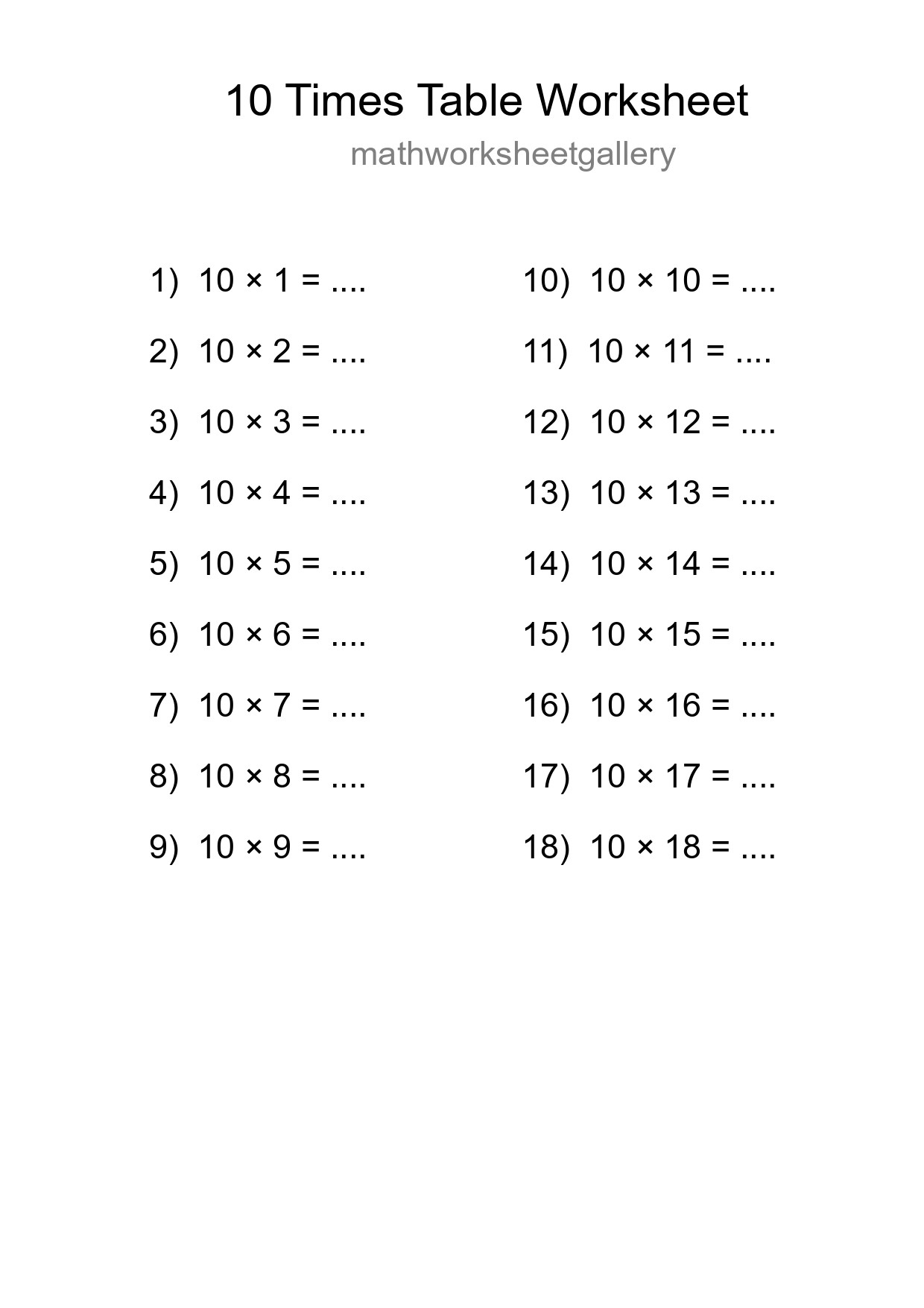 10 Times Table Worksheet For Grade 3 - Part 279