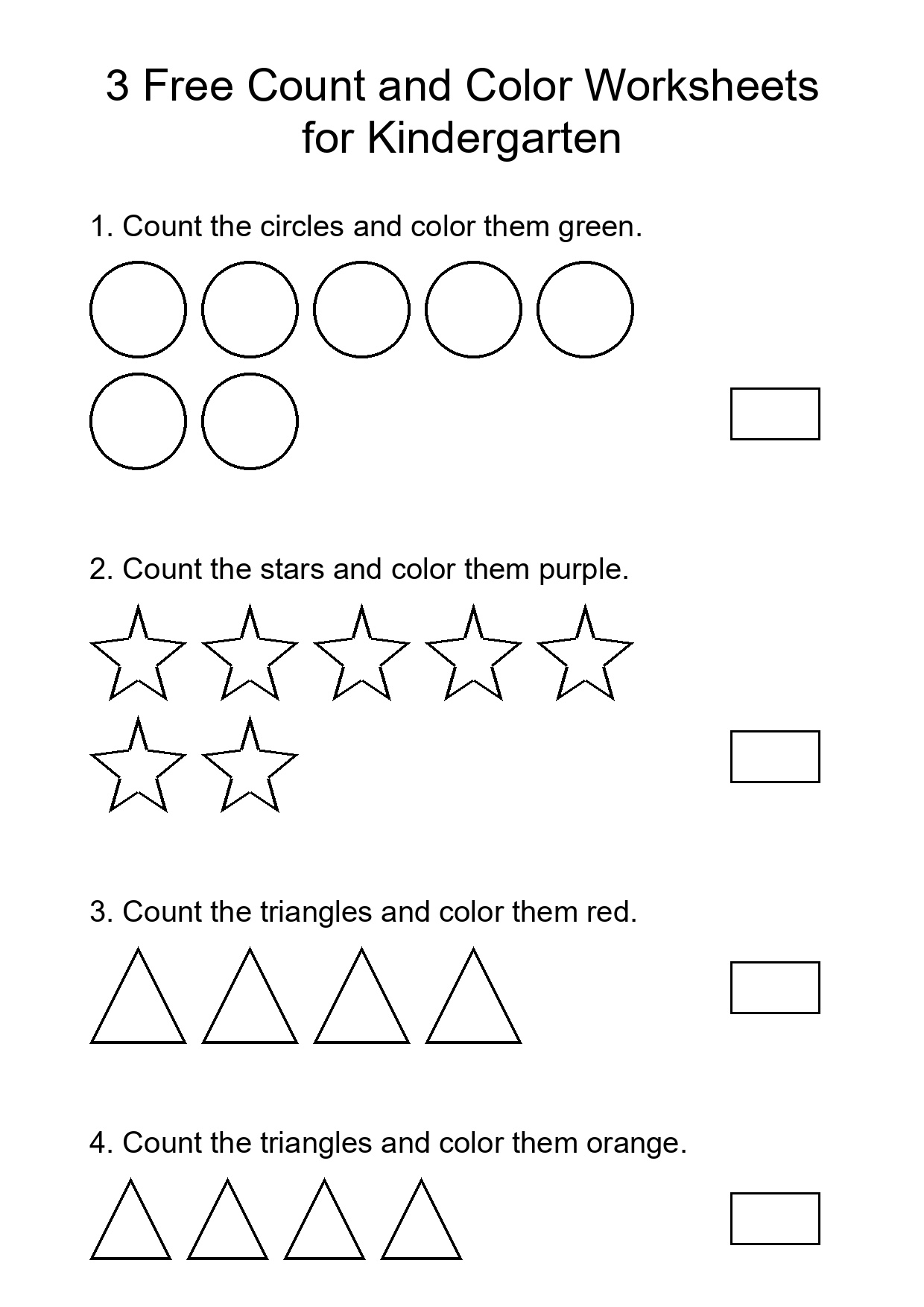 3 Free Count and Color Worksheets for Kindergarten