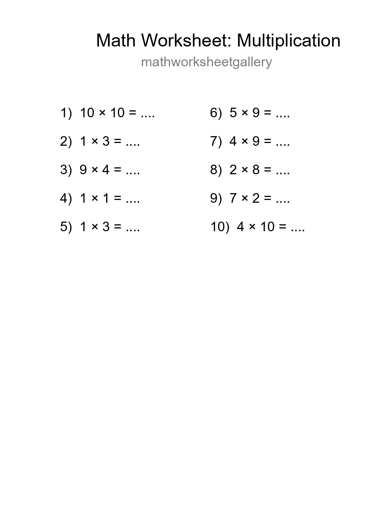 Free 10 Multiplication Math Worksheet For Grade 1 With Answers - Part 107