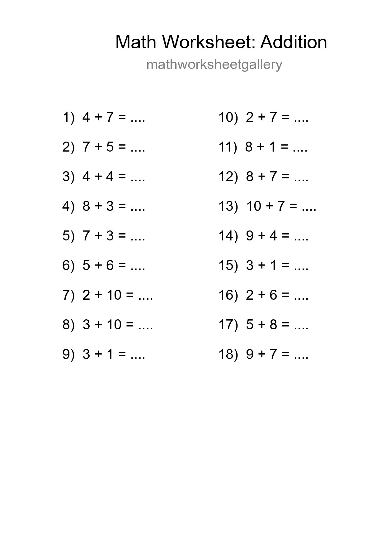 Free 18 Addition Math Worksheet For Grade 1 With Answers - Part 171