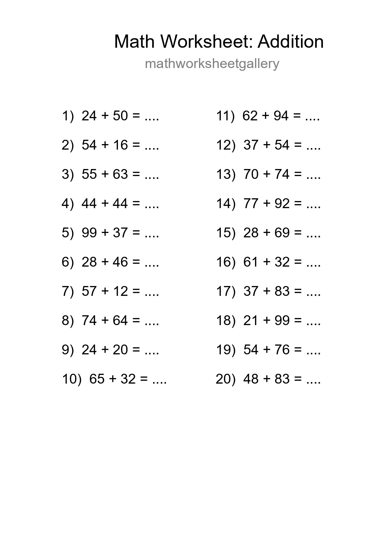 Free 20 Addition Math Worksheet For Grade 3 With Answers - Part 281