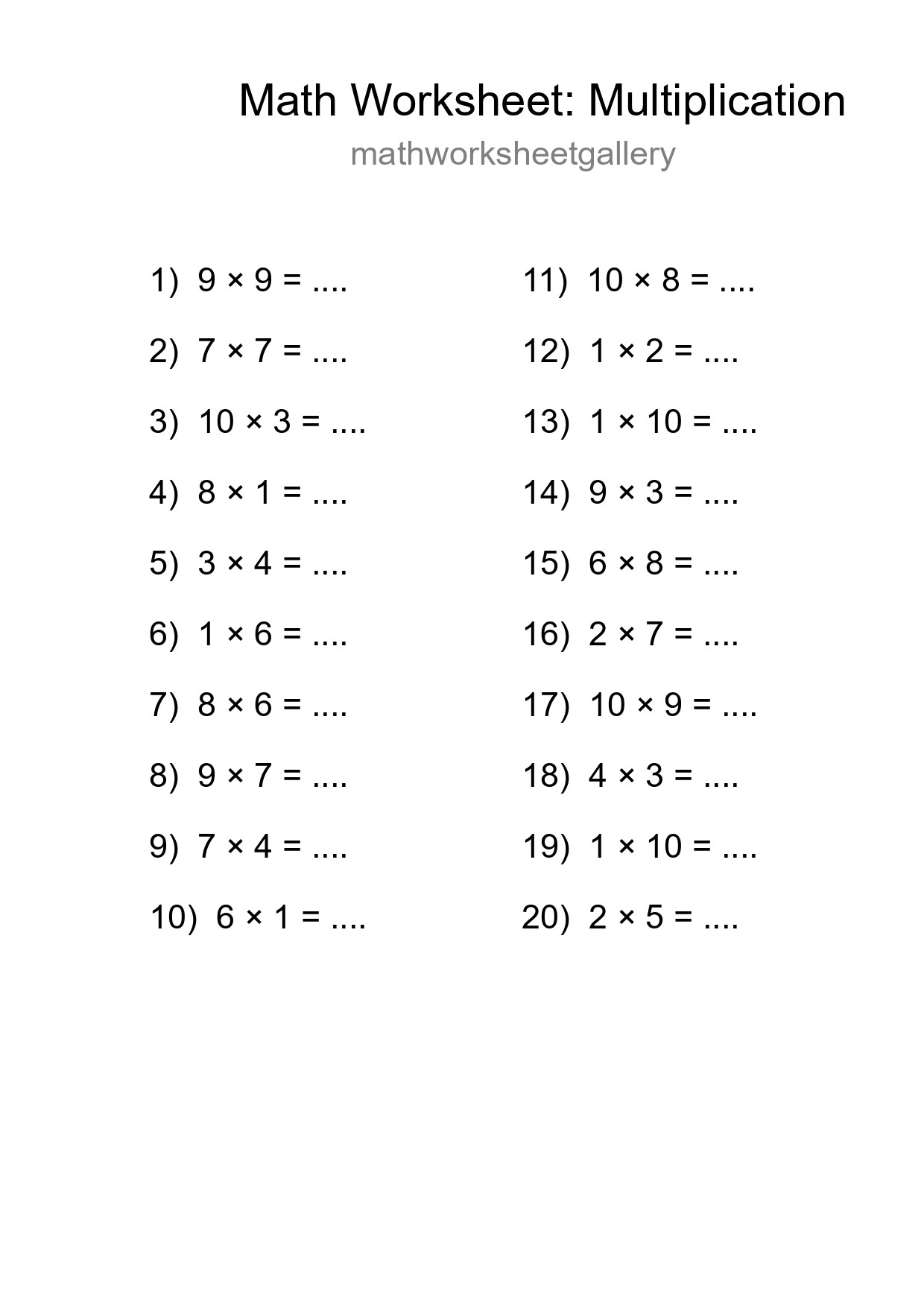 Free 20 Multiplication Math Worksheet For Grade 1 - Part 27
