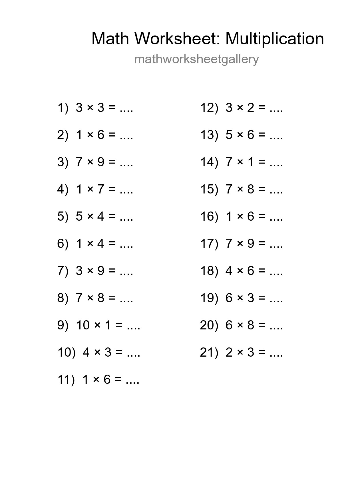 Free 21 Multiplication Math Worksheet For Grade 1 With Answers - Part 137