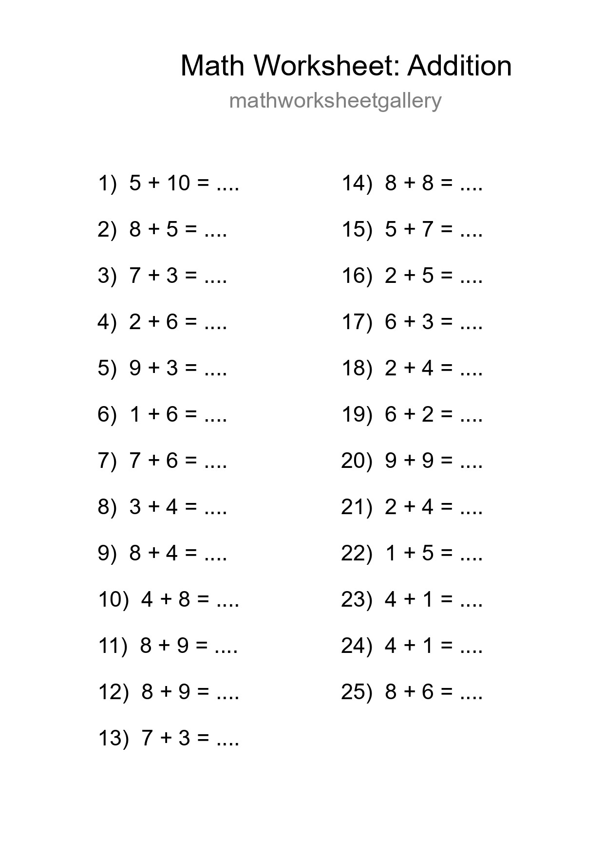 Free 25 Addition Math Worksheet For Grade 1 - Part 121