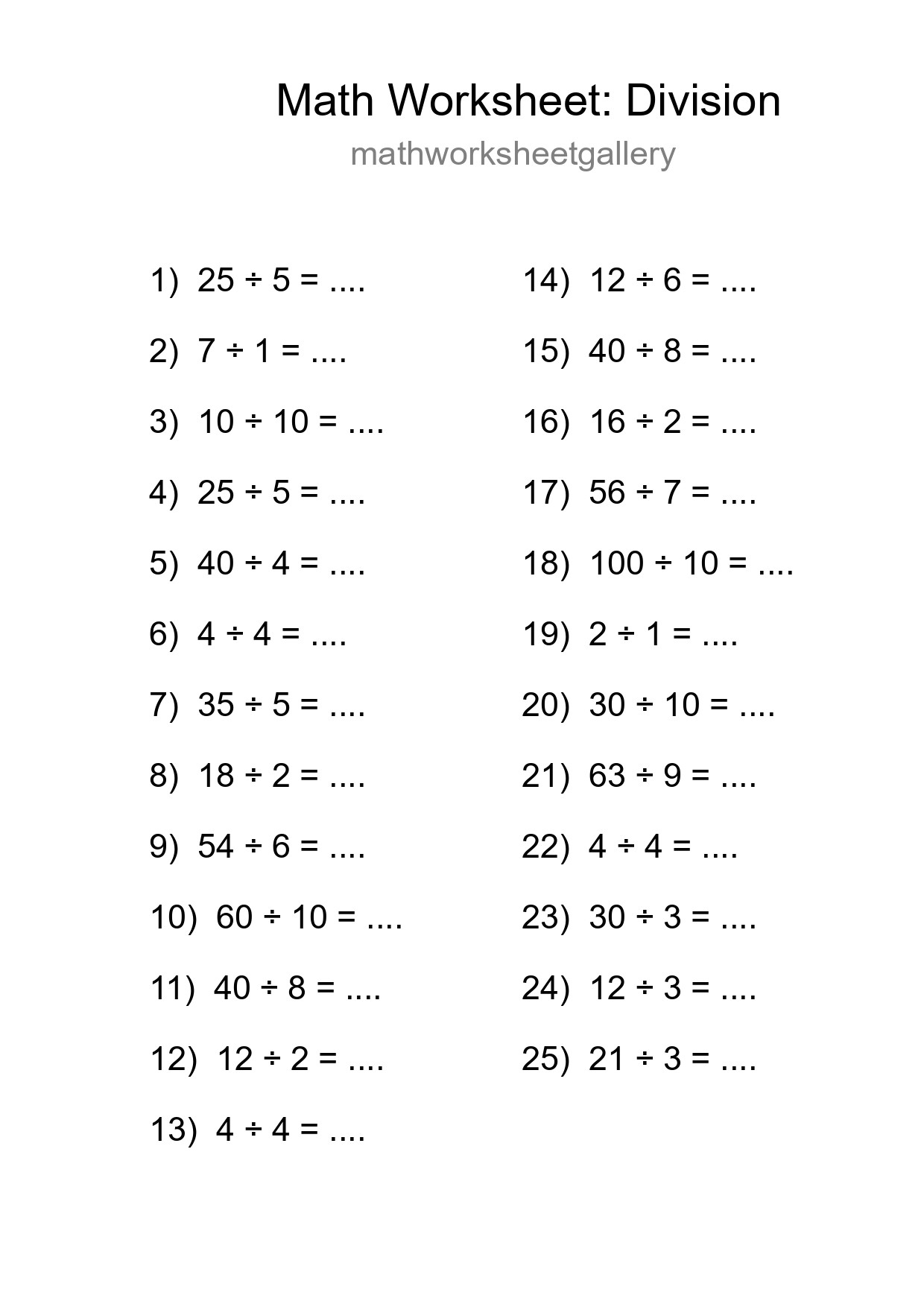 Free 25 Division Math Worksheet For Grade 1 - Part 114