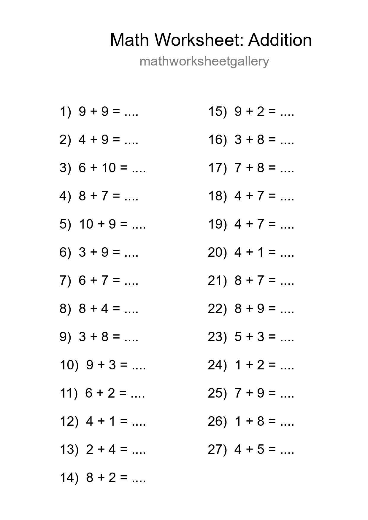 Free 27 Addition Math Worksheet For Grade 1 - Part 261