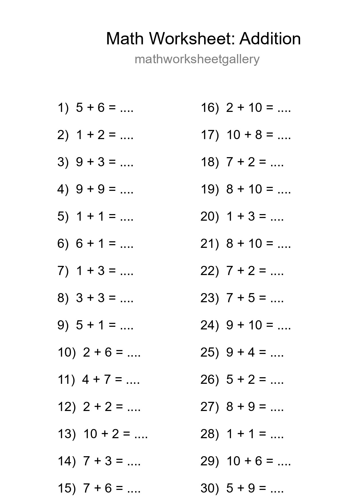 Free 30 Addition Math Worksheet For Grade 1 - Part 141