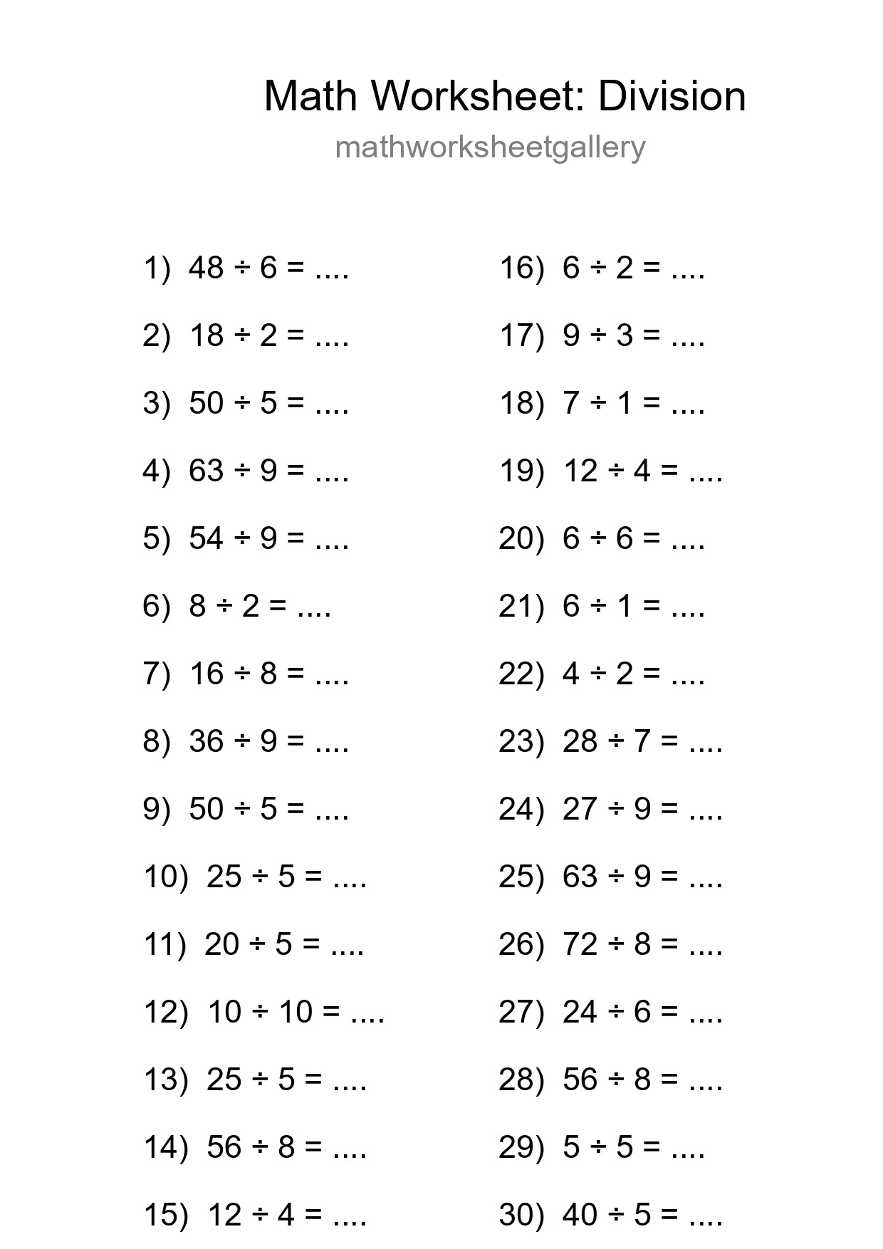 Free 30 Division Math Worksheet For Grade 1 - Part 74