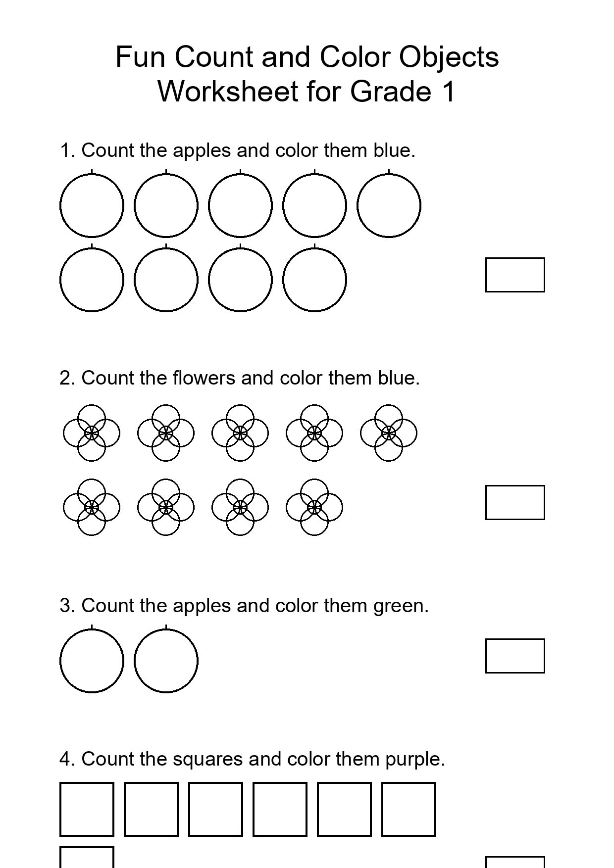 Fun Count and Color Objects Worksheet for Grade 1