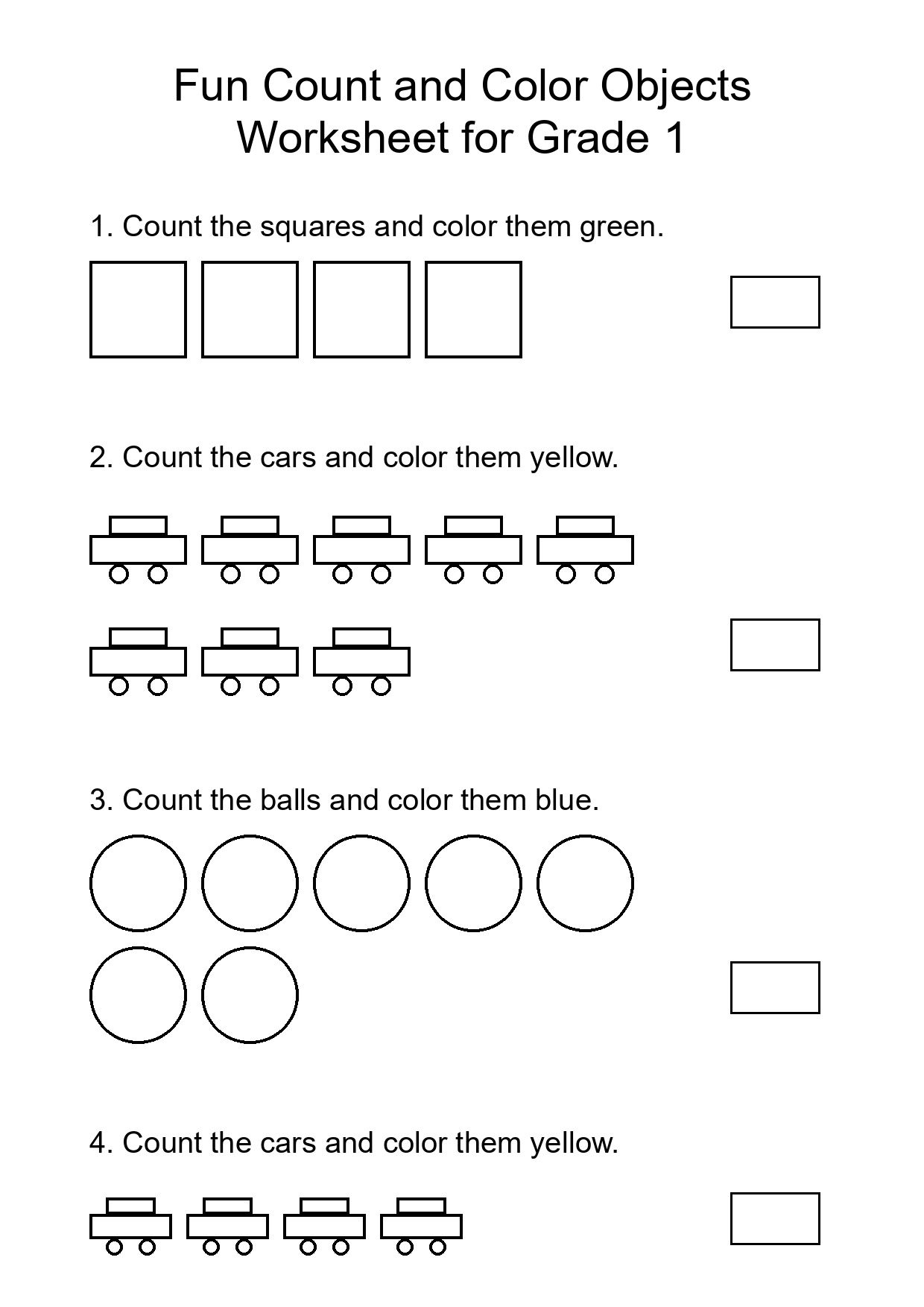 Fun Count and Color Objects Worksheet for Grade 1
