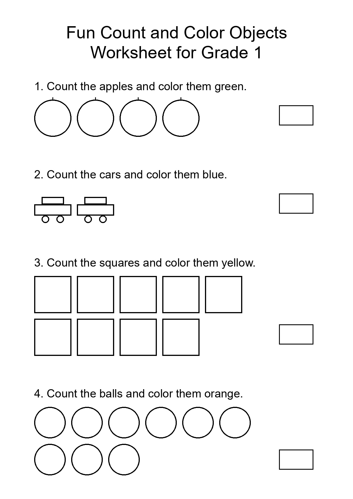 Fun Count and Color Objects Worksheet for Grade 1
