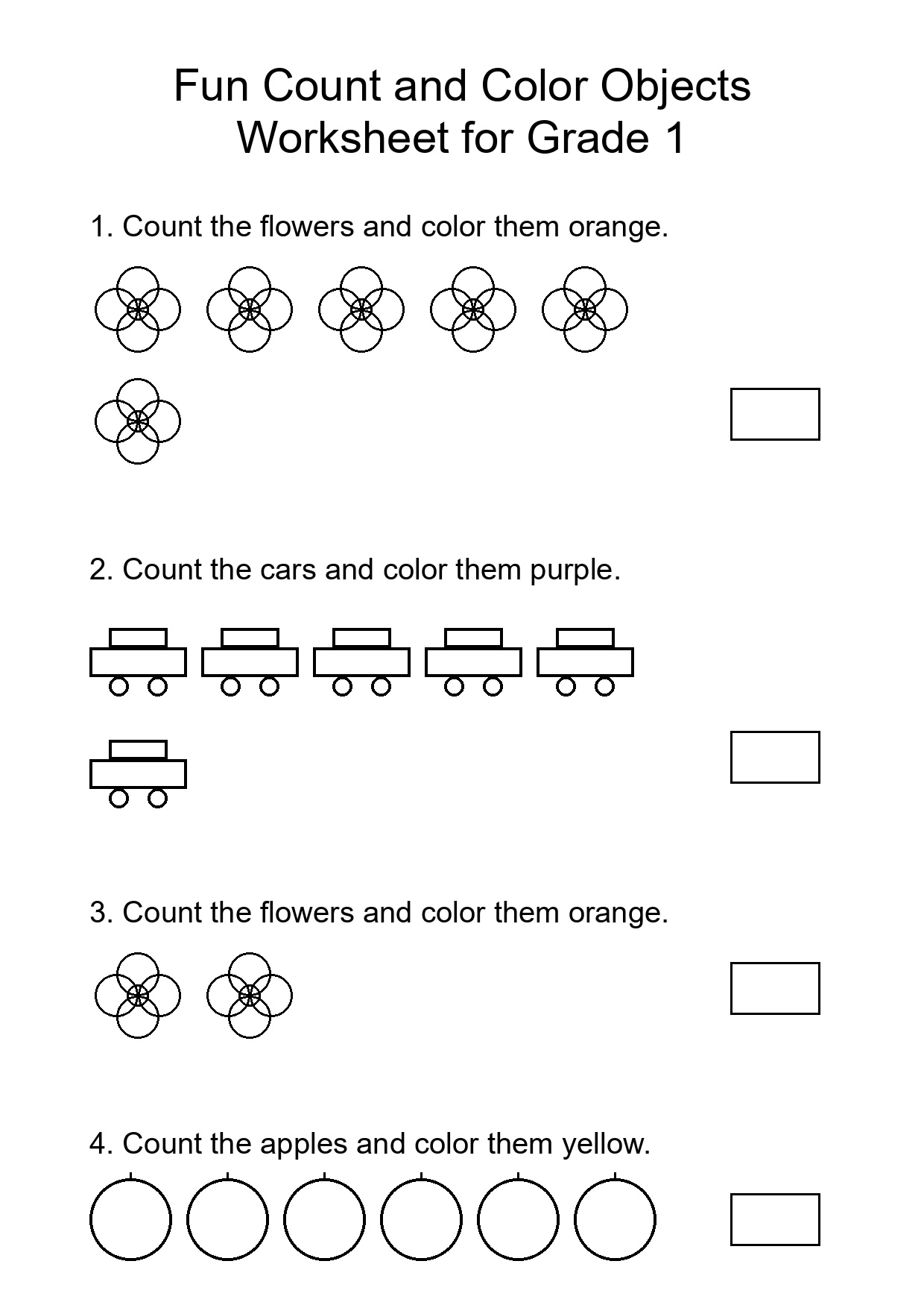 Fun Count and Color Objects Worksheet for Grade 1