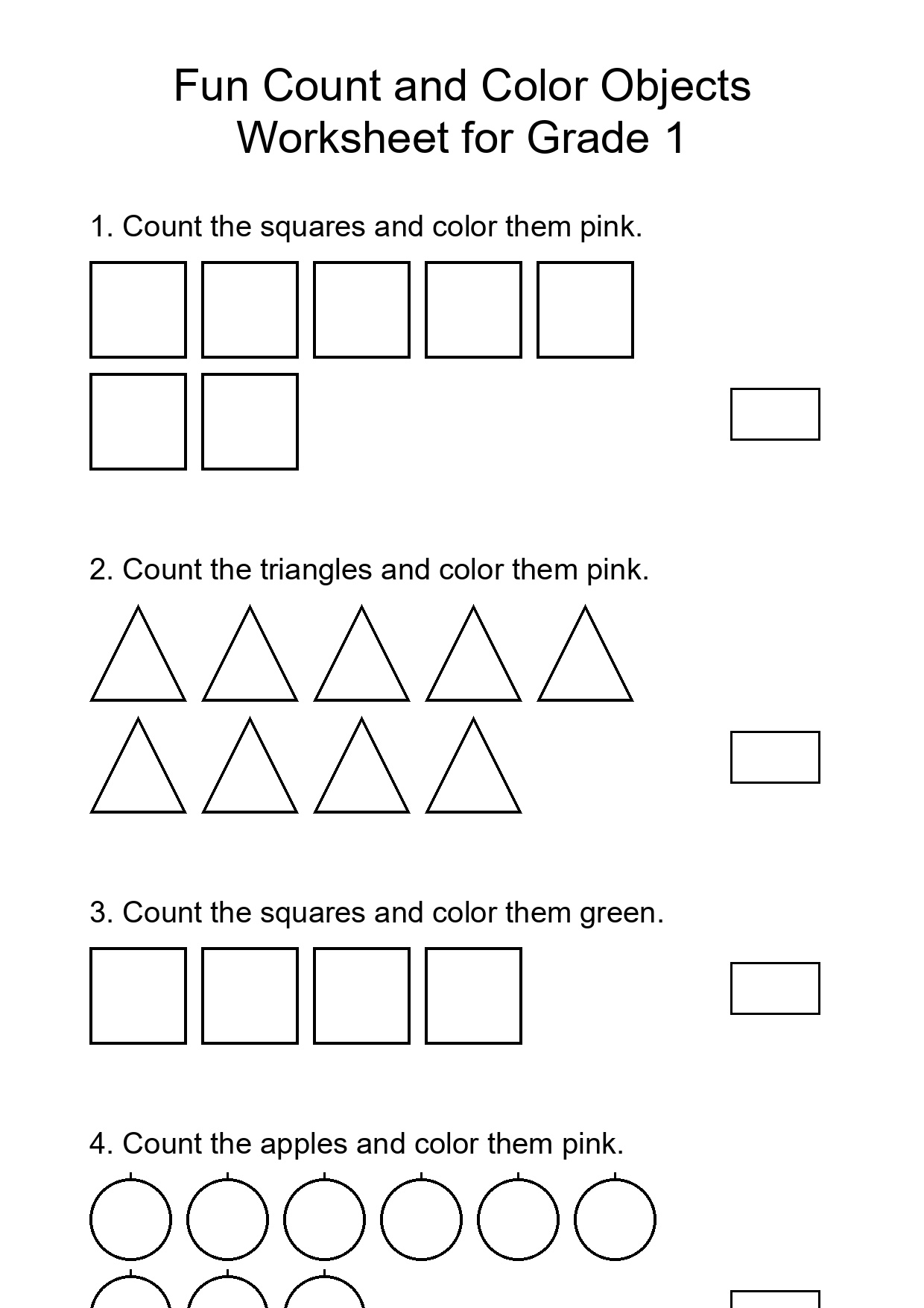 Fun Count and Color Objects Worksheet for Grade 1