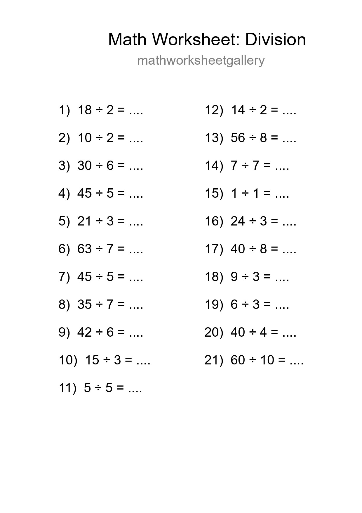 Grade 1 Division Practice Worksheet (21 Problems) - Part 184
