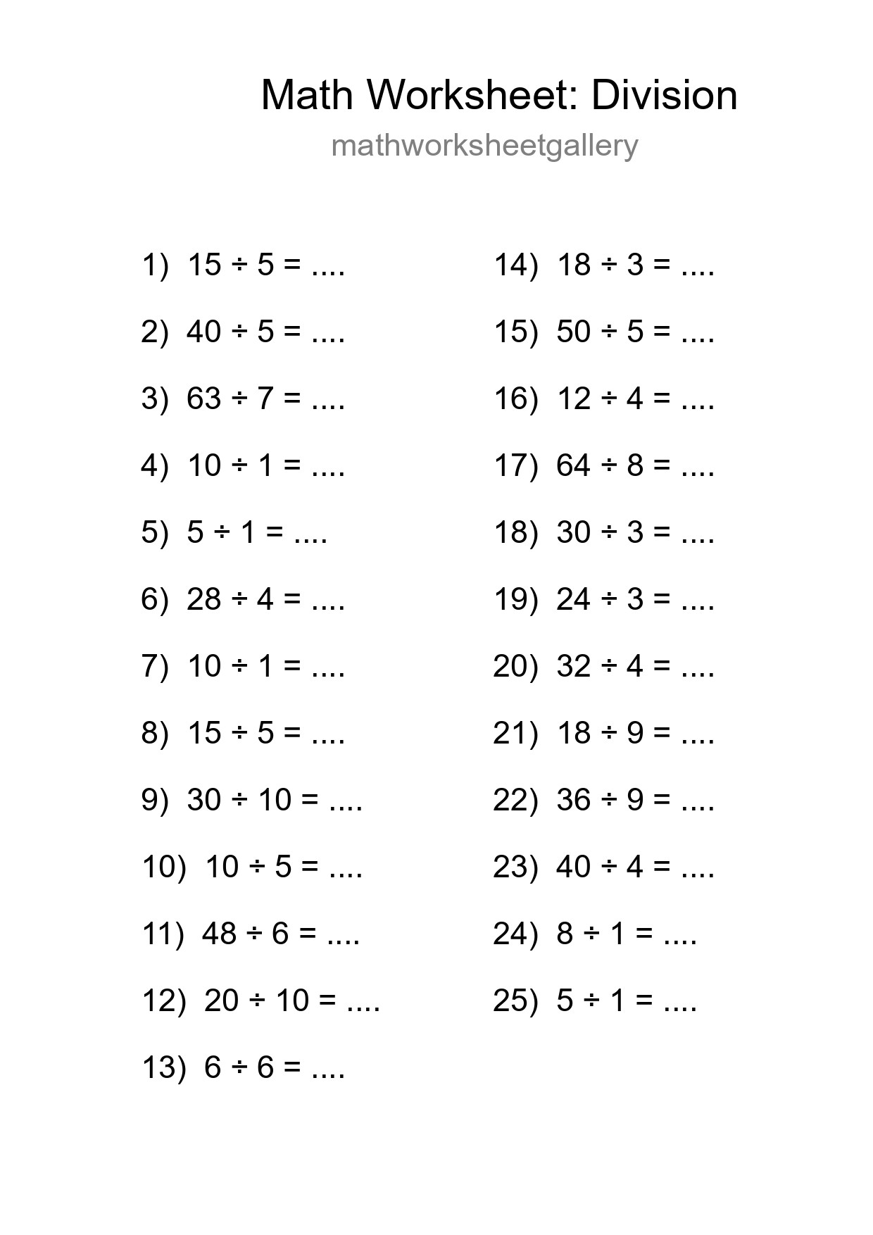 Grade 1 Division Practice Worksheet (25 Problems) - Part 264