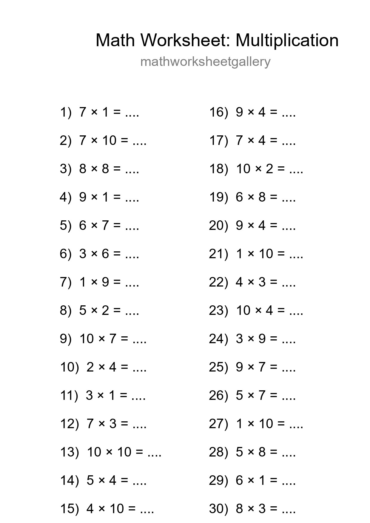 Grade 1 Multiplication Practice Worksheet (30 Problems) - Part 7