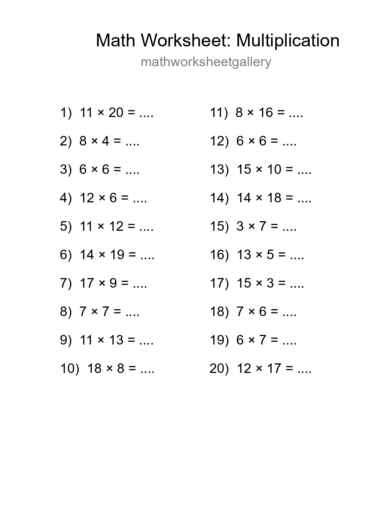 Grade 2 Multiplication Practice Worksheet (20 Problems) - Part 207