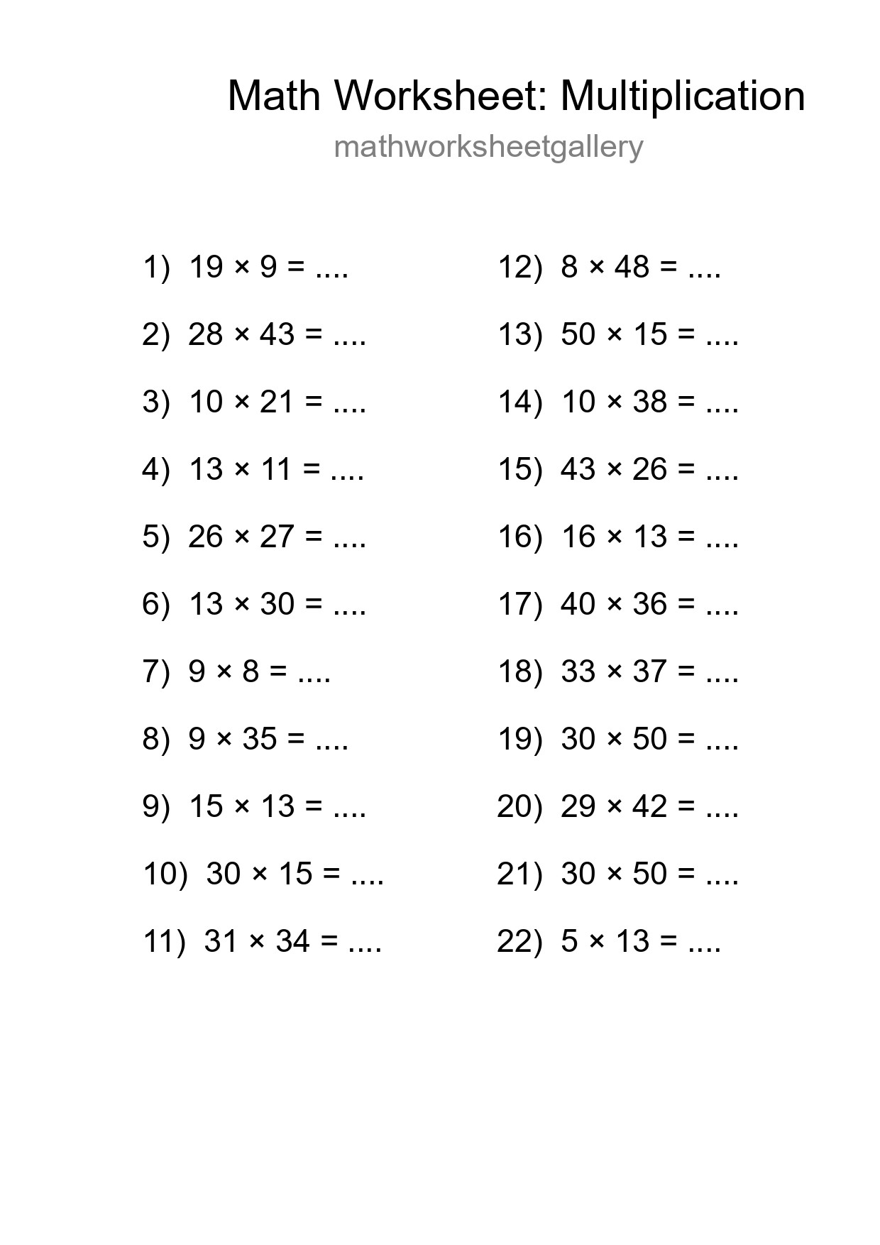 Grade 2 Multiplication Practice Worksheet (22 Problems) - Part 67