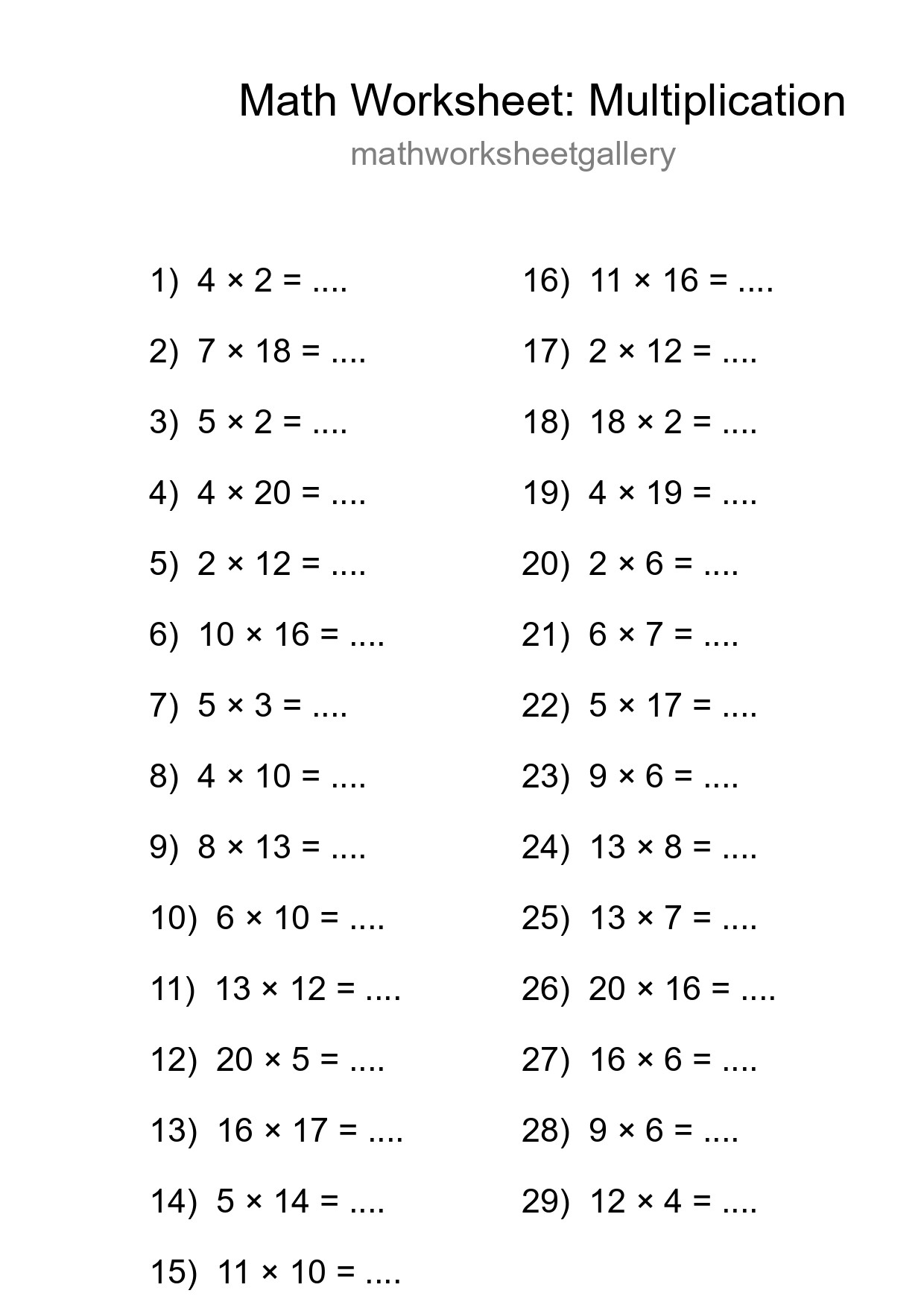 Grade 2 Multiplication Practice Worksheet (29 Problems) - Part 117