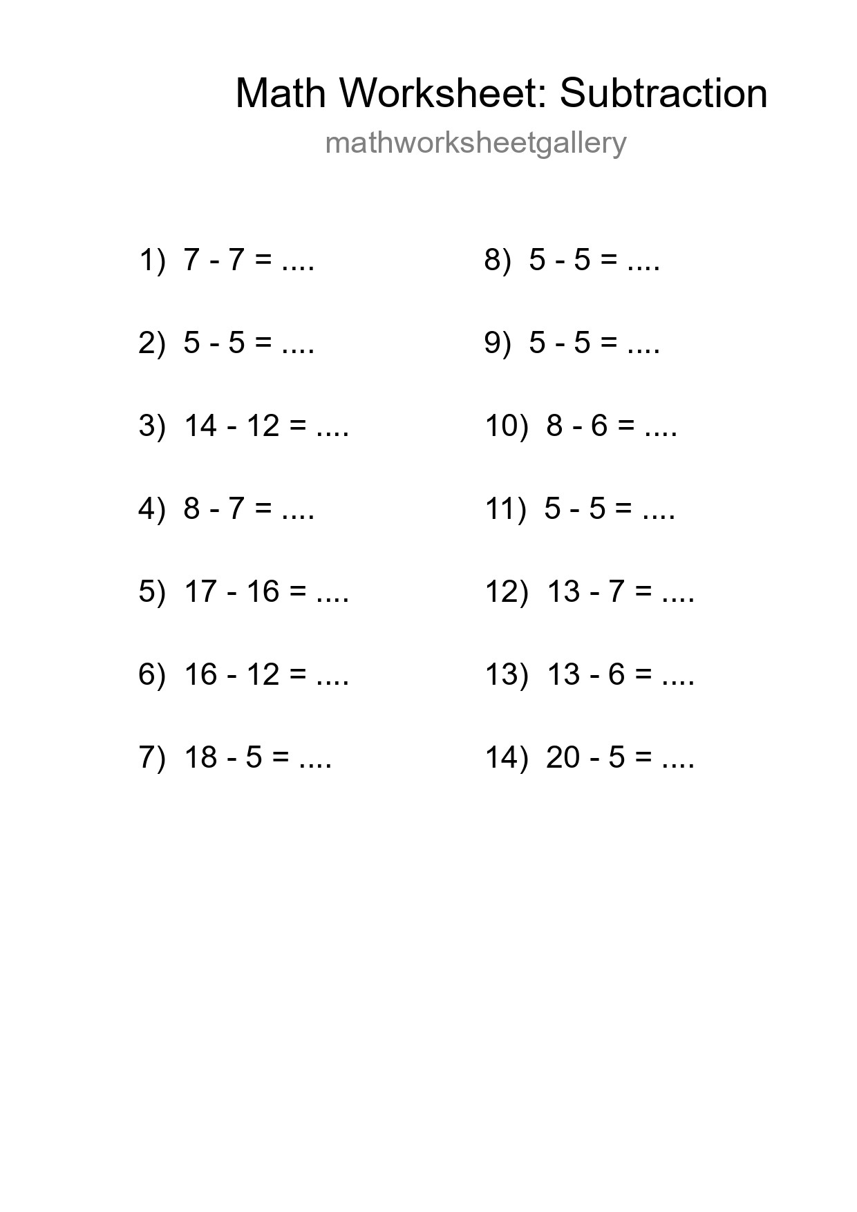 Grade 2 Subtraction Practice Worksheet (14 Problems) - Part 48