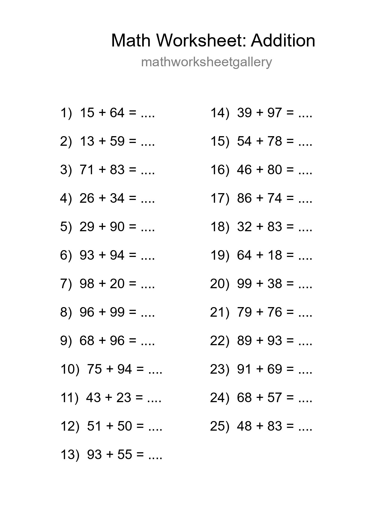 Grade 3 Addition Practice Worksheet (25 Problems)