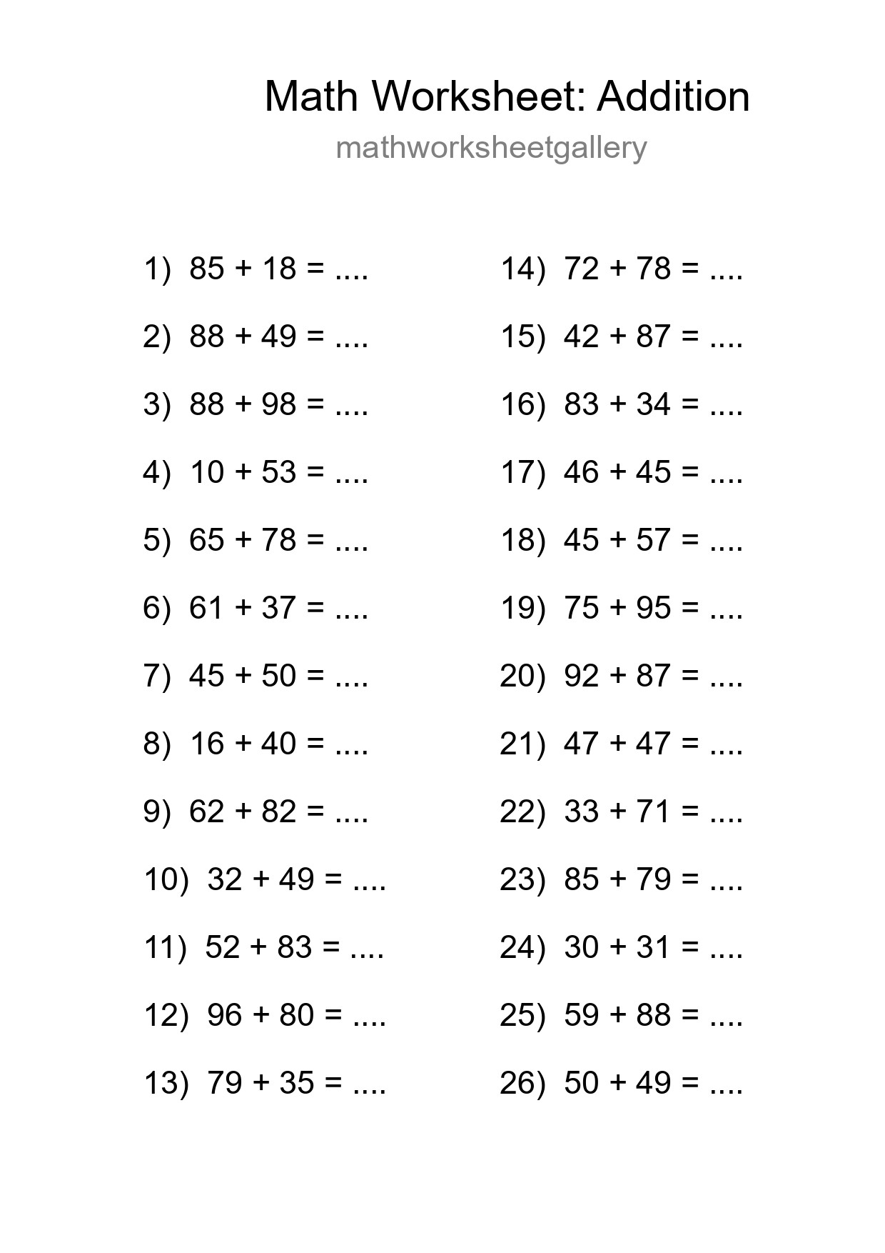 Grade 3 Addition Practice Worksheet (26 Problems) - Part 101