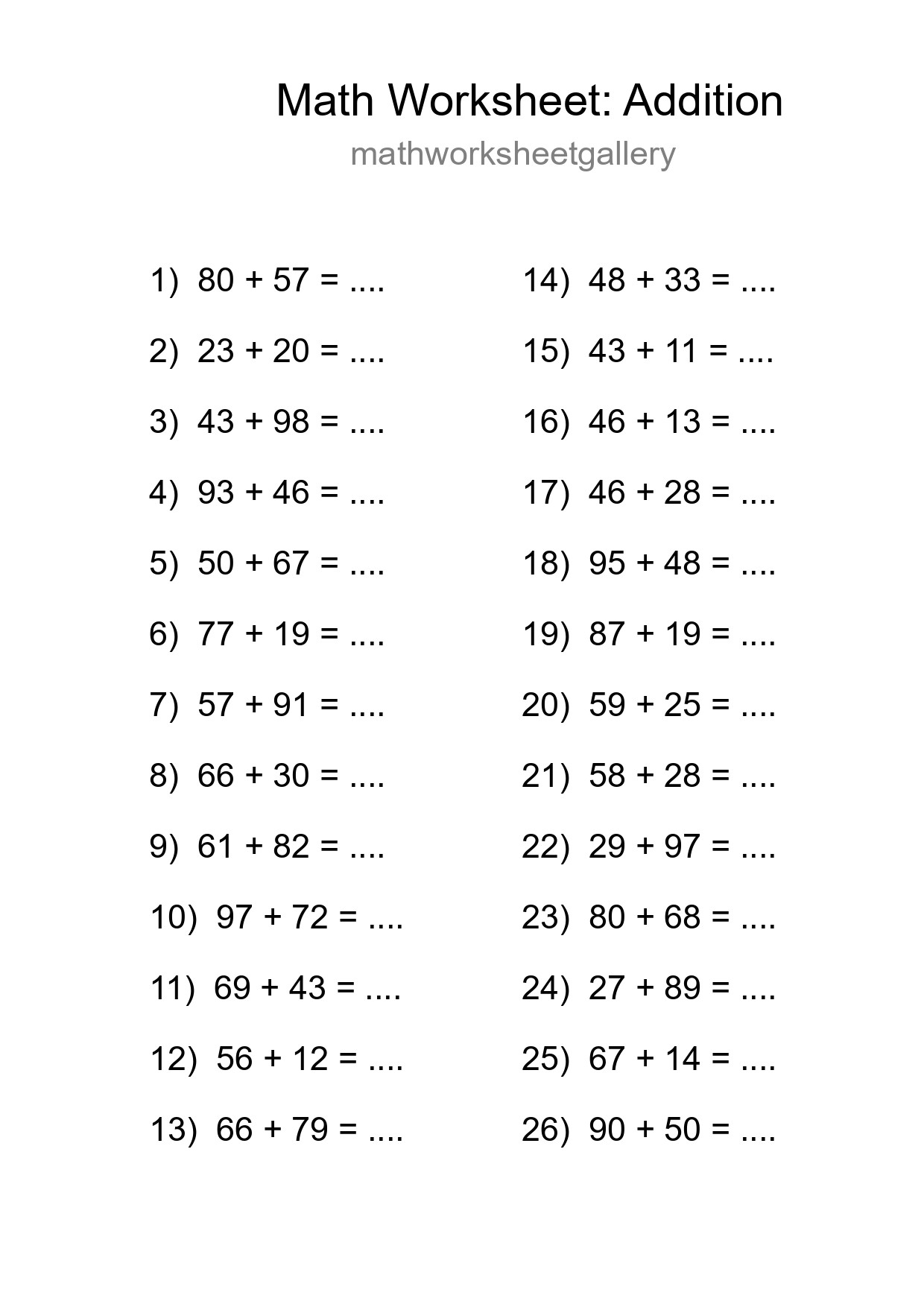 Grade 3 Addition Practice Worksheet (26 Problems) - Part 111