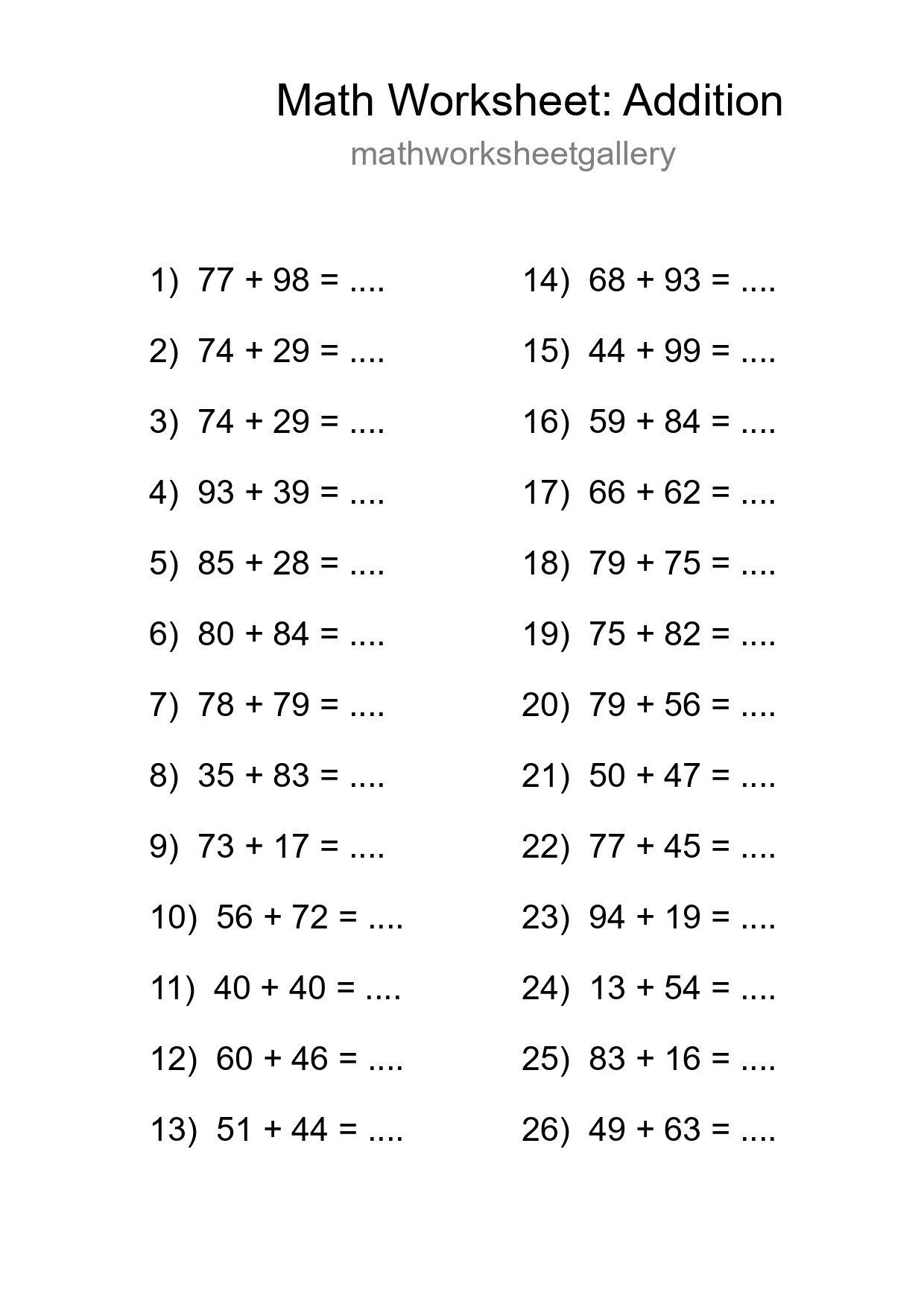 Grade 3 Addition Practice Worksheet (26 Problems) - Part 161