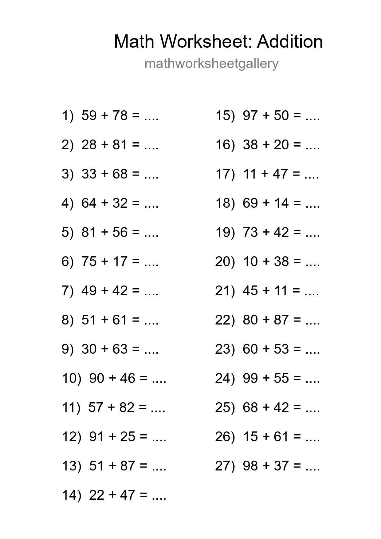 Grade 3 Addition Practice Worksheet (27 Problems) - Part 91