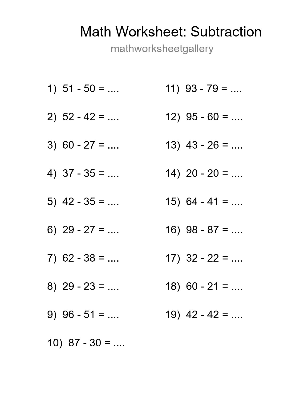 Grade 3 Subtraction Practice Worksheet (19 Problems) - Part 208