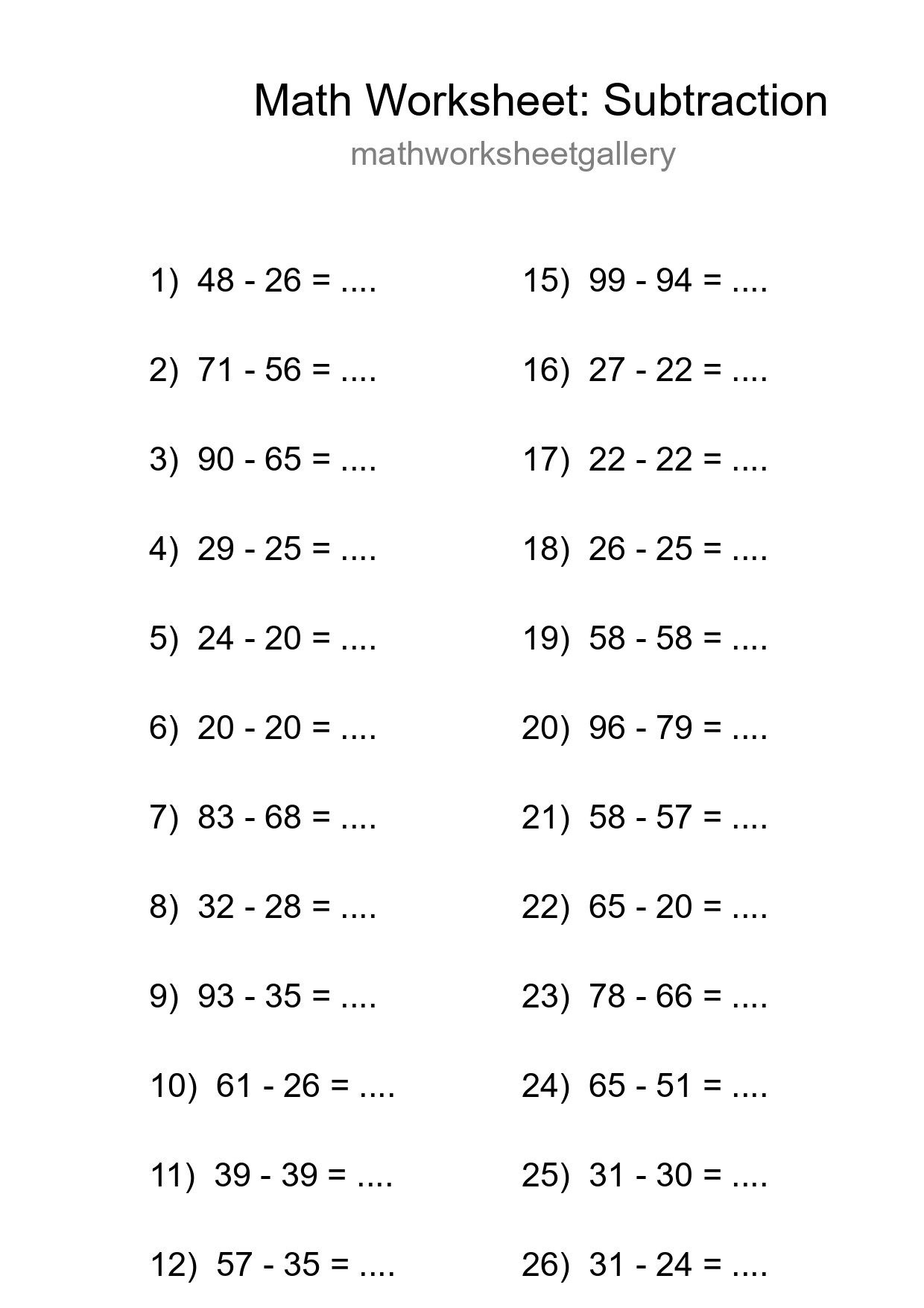 Grade 3 Subtraction Practice Worksheet (28 Problems) - Part 298