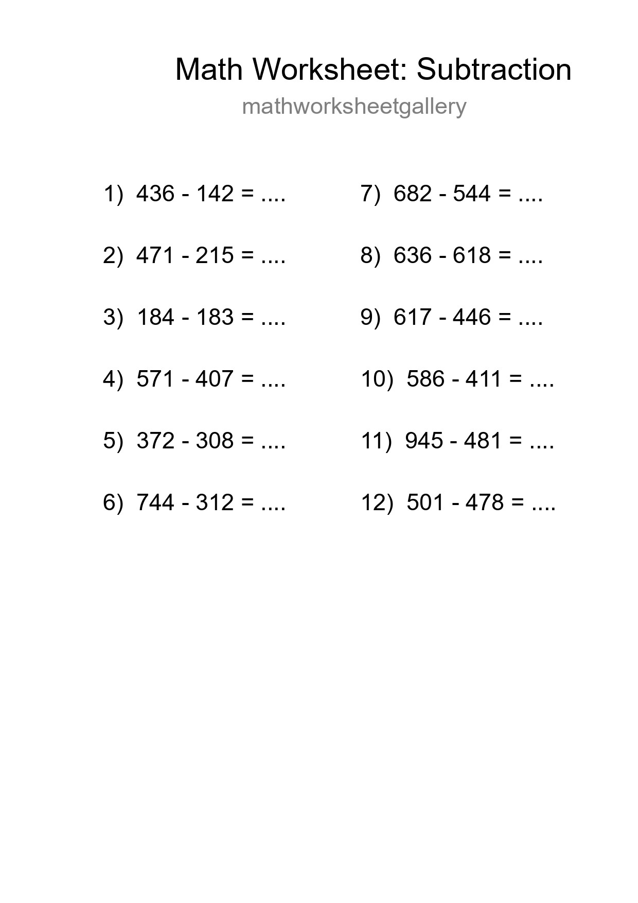 Grade 5 Subtraction Practice Worksheet (12 Problems) - Part 198