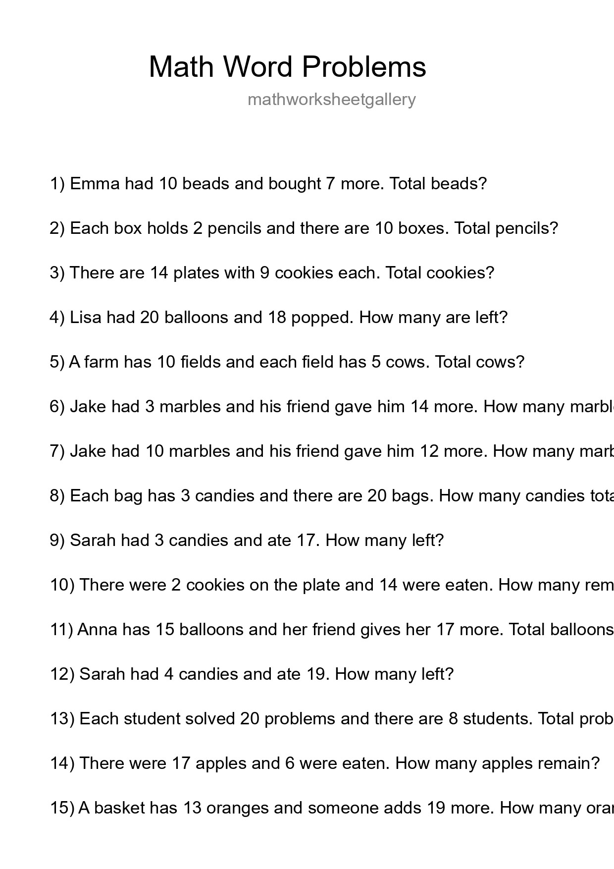 Math Word Problem Worksheet