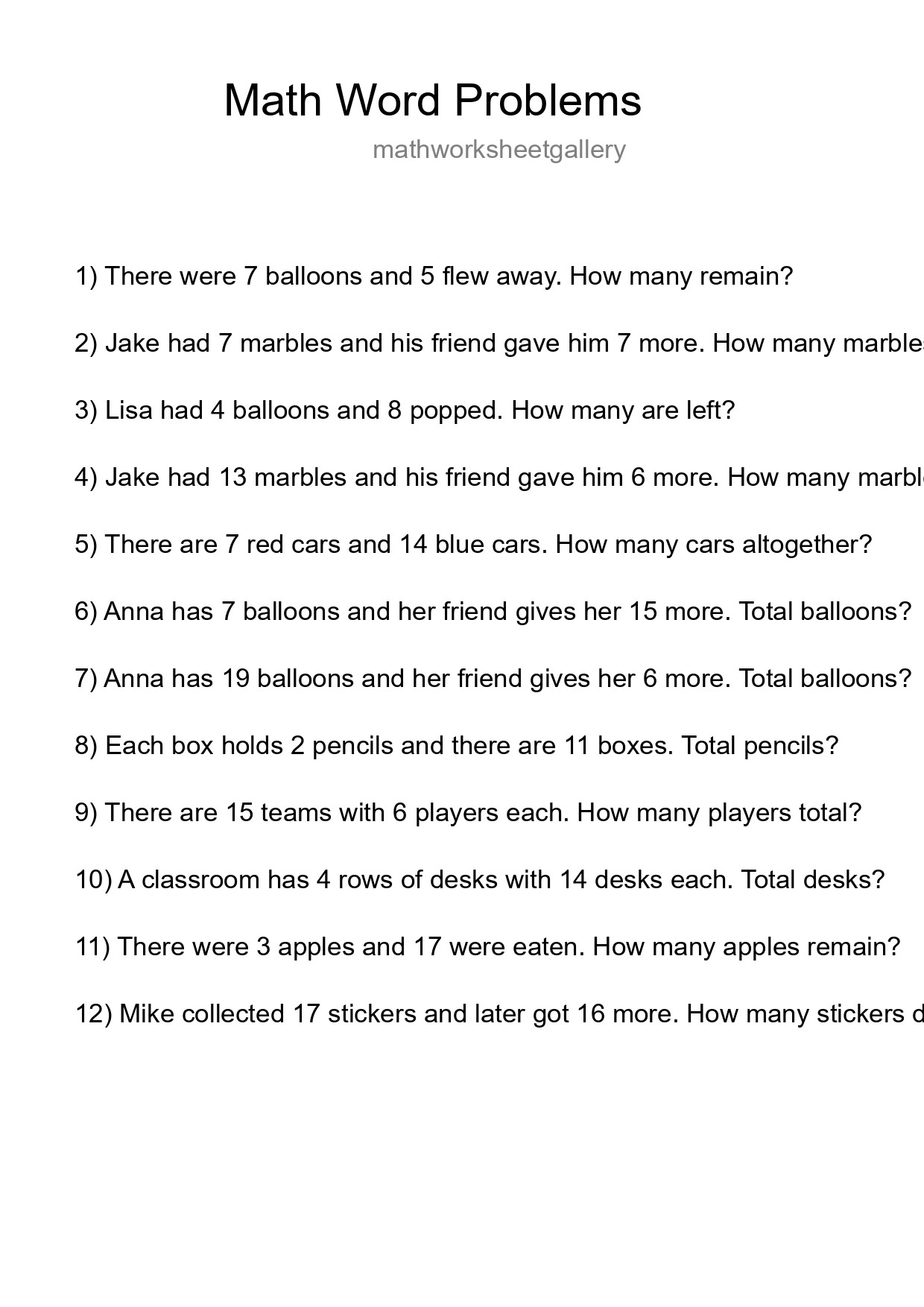 Math Word Problem Worksheet