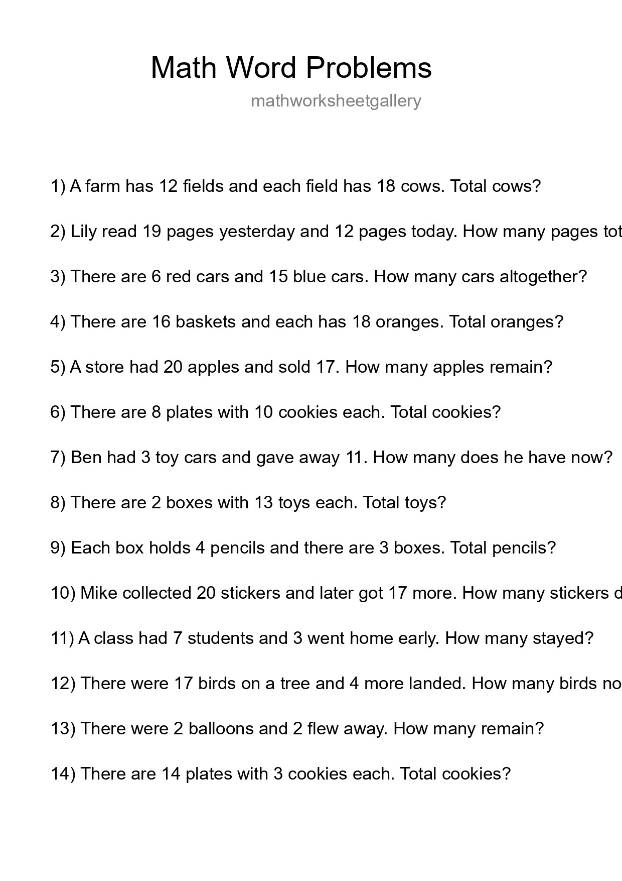 Math Word Problem Worksheet