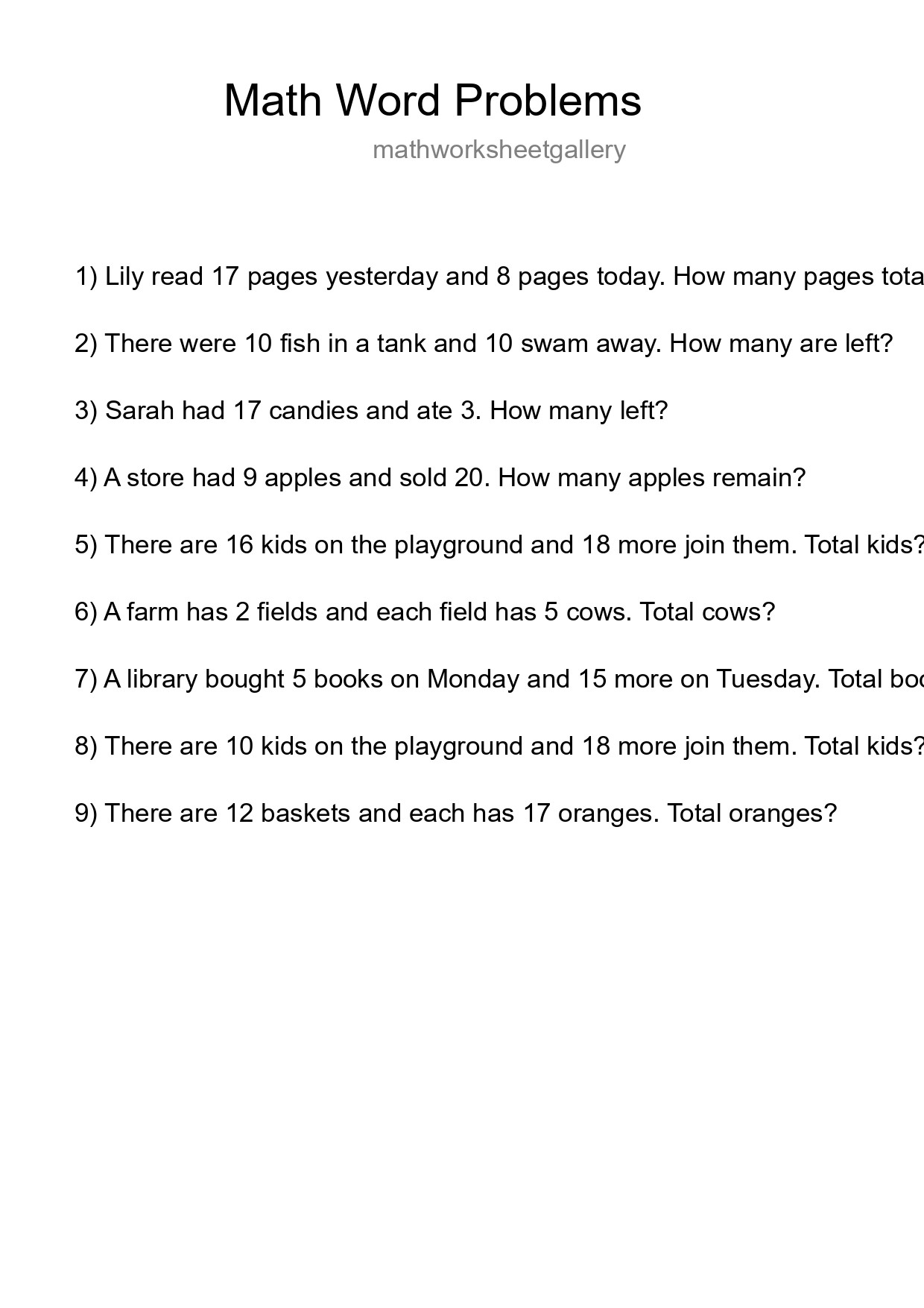 Math Word Problem Worksheet