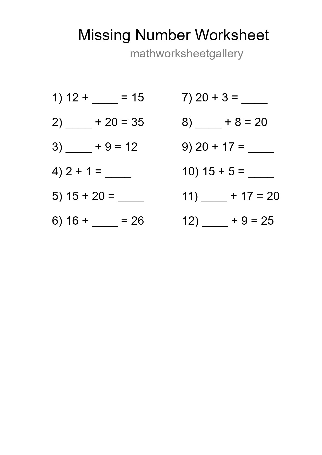 Missing Number Math Worksheet