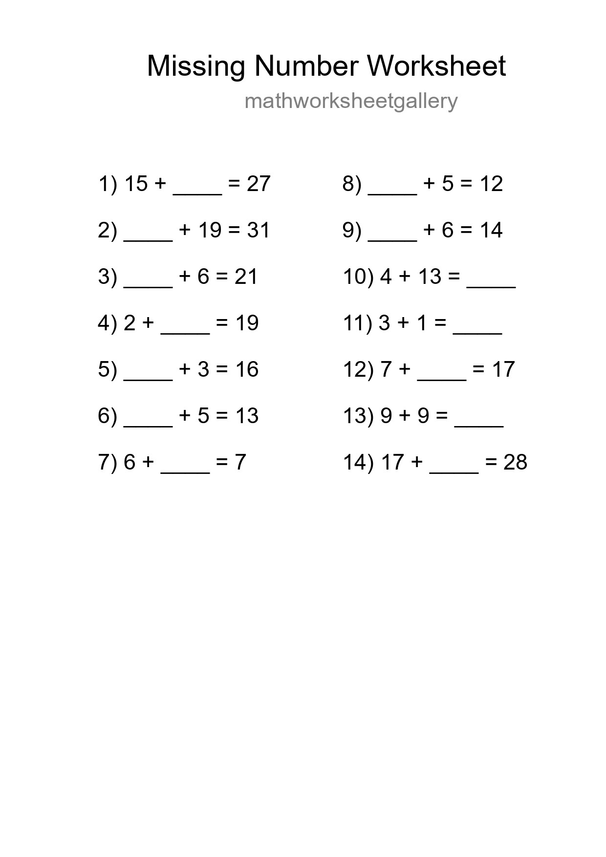 Missing Number Math Worksheet