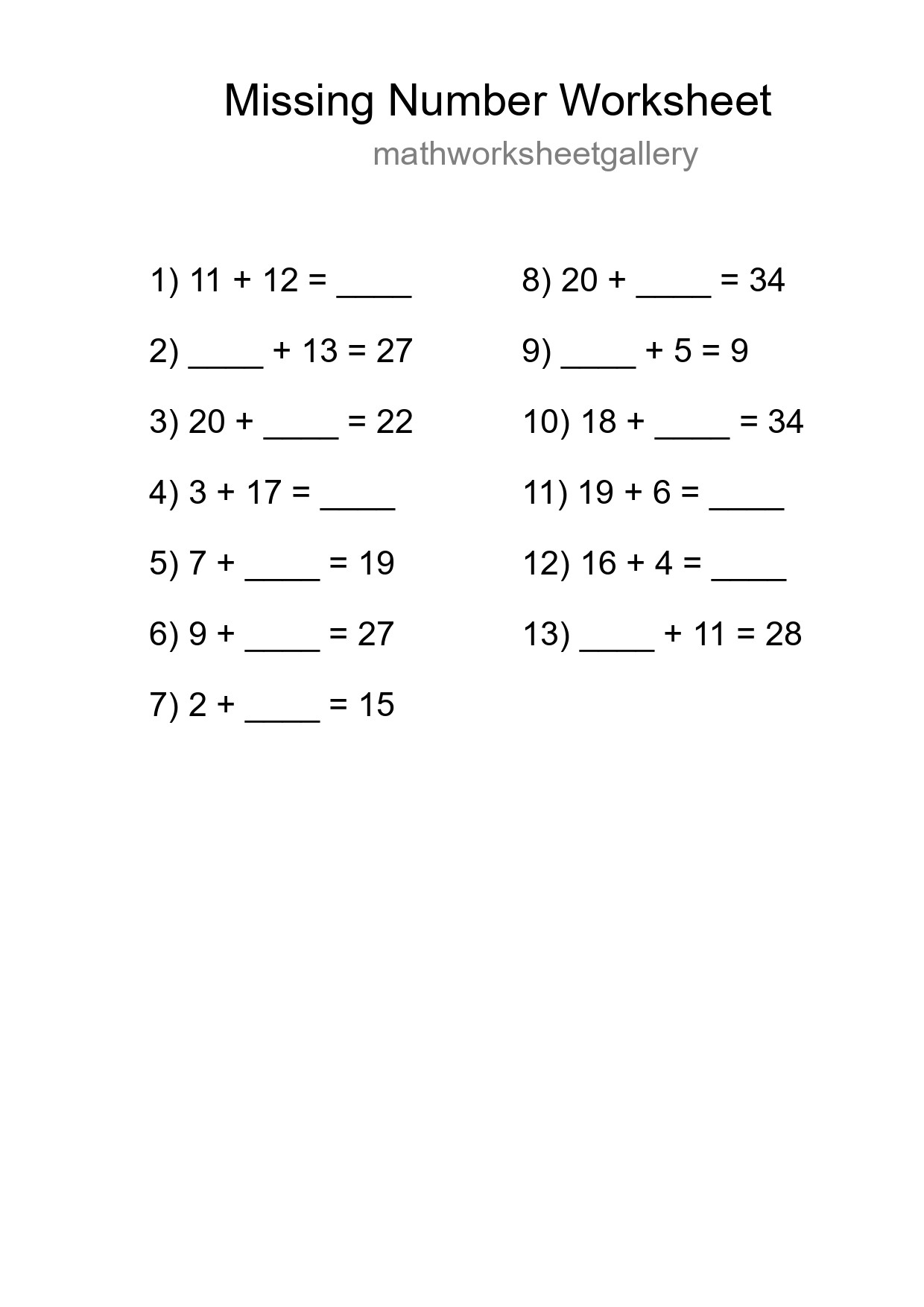 Missing Number Math Worksheet