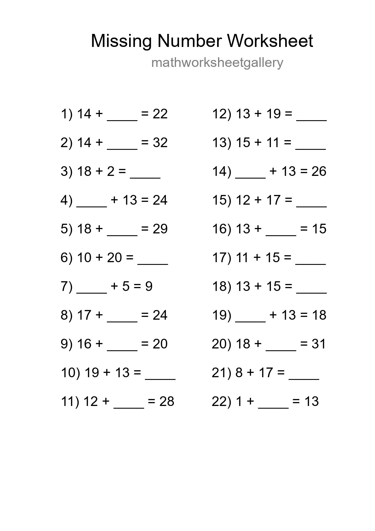 Missing Number Math Worksheet