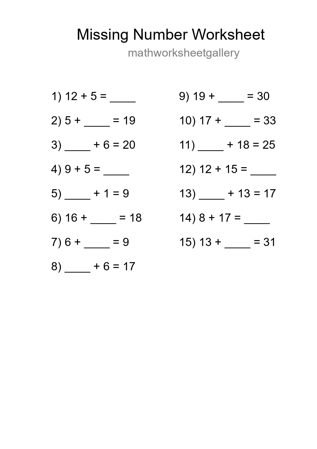 Missing Number Math Worksheet