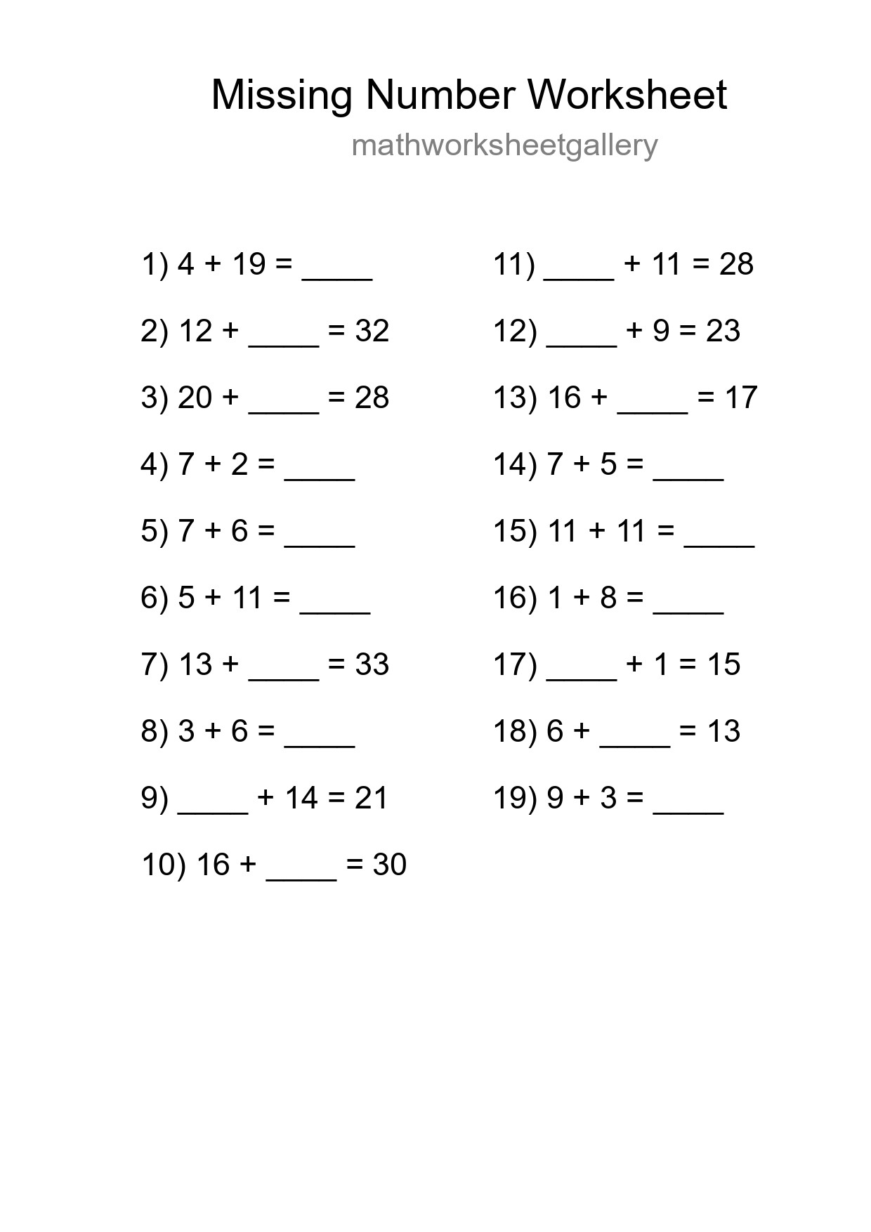 Missing Number Math Worksheet