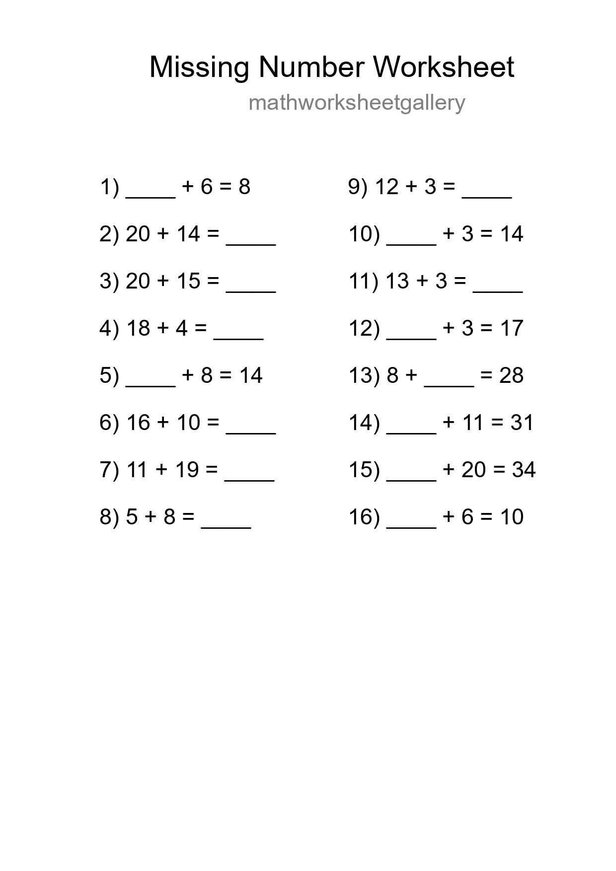 Missing Number Math Worksheet