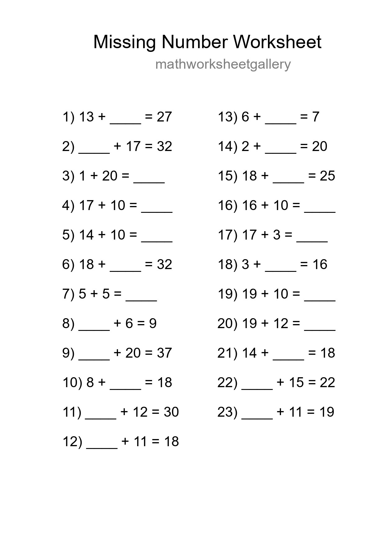 Missing Number Math Worksheet