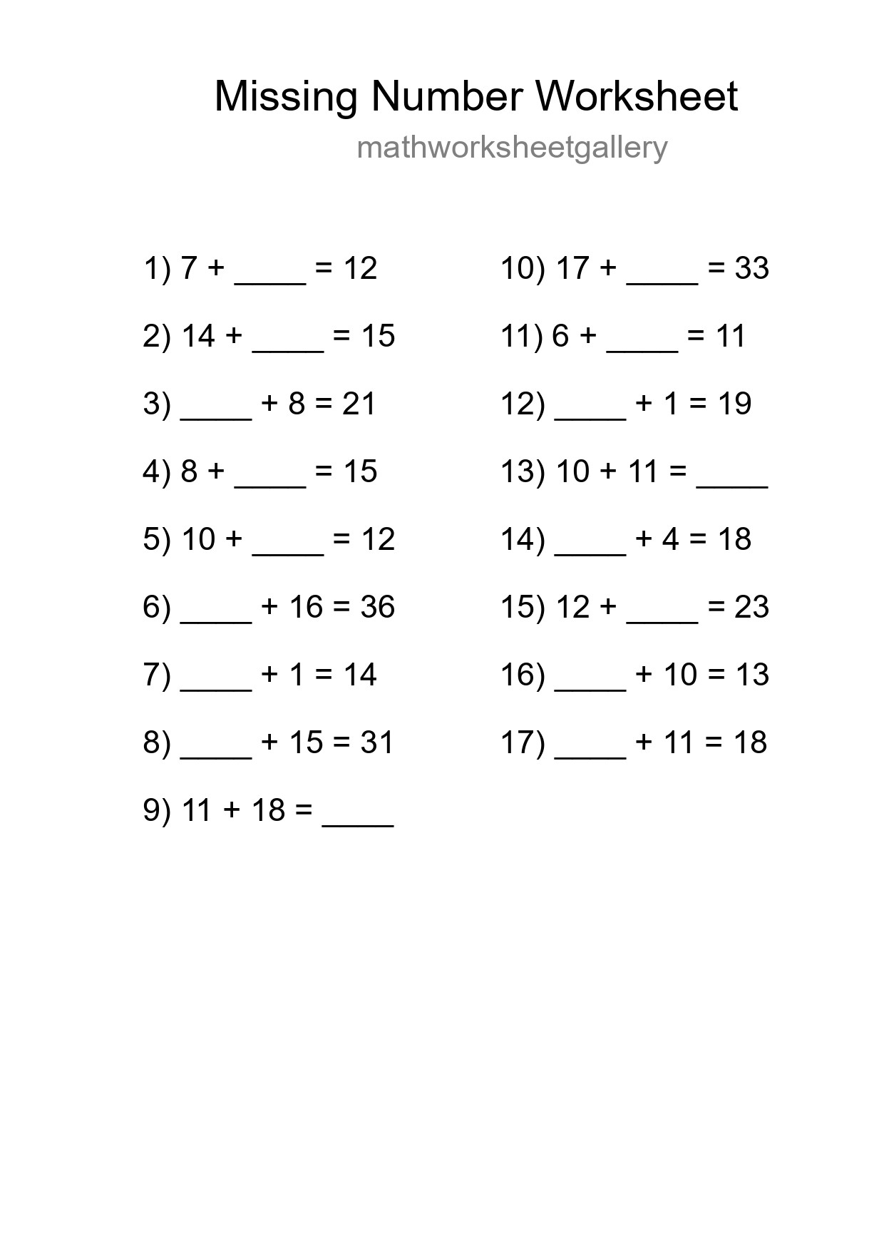 Missing Number Math Worksheet