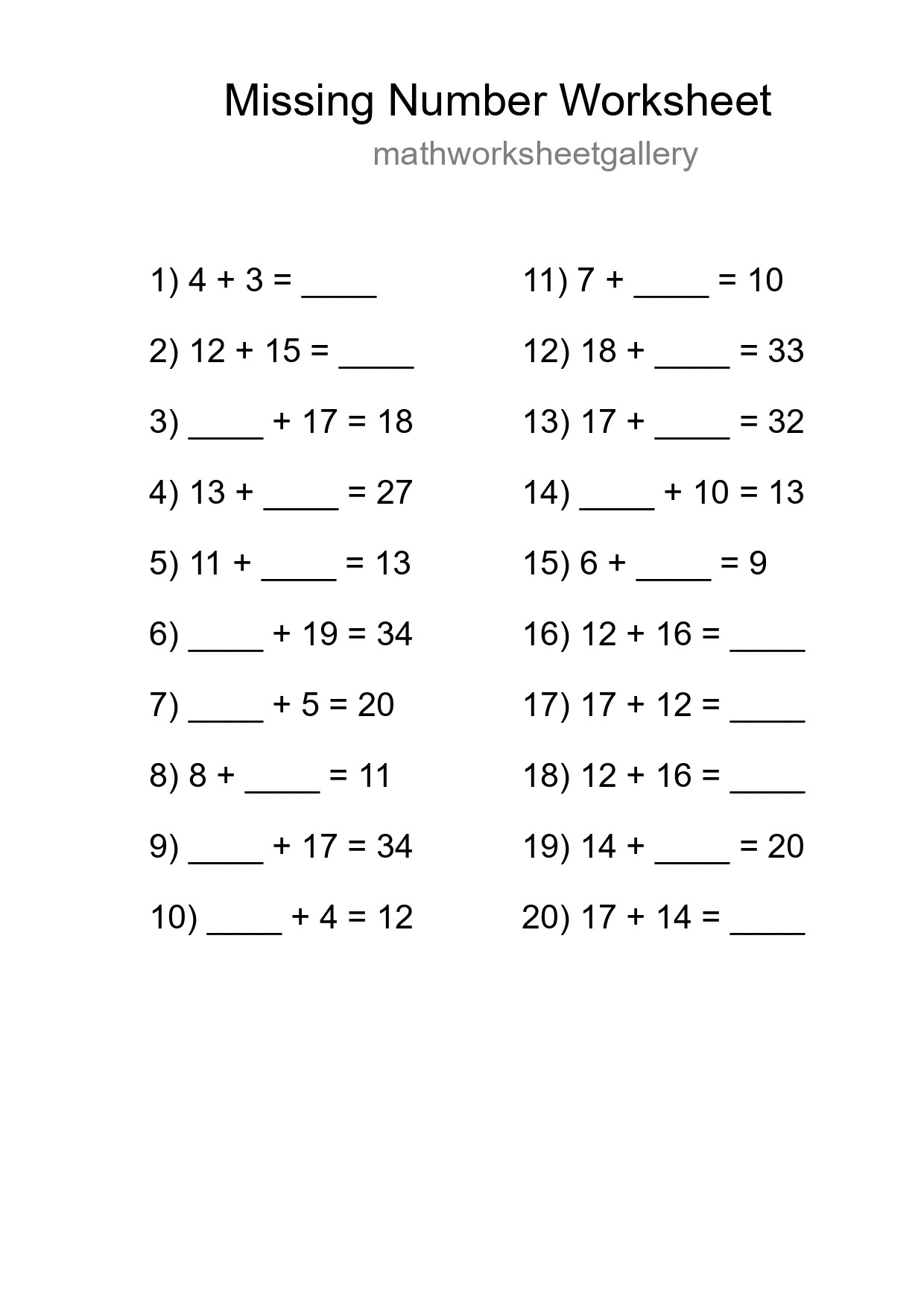 Missing Number Math Worksheet