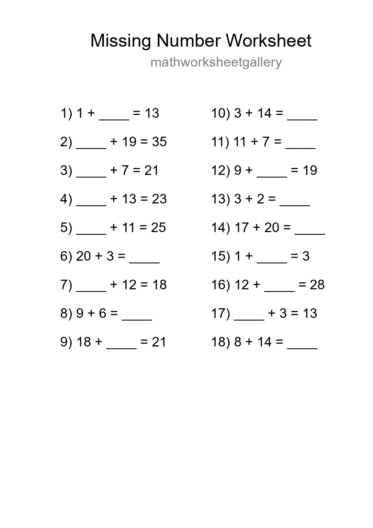 Missing Number Math Worksheet