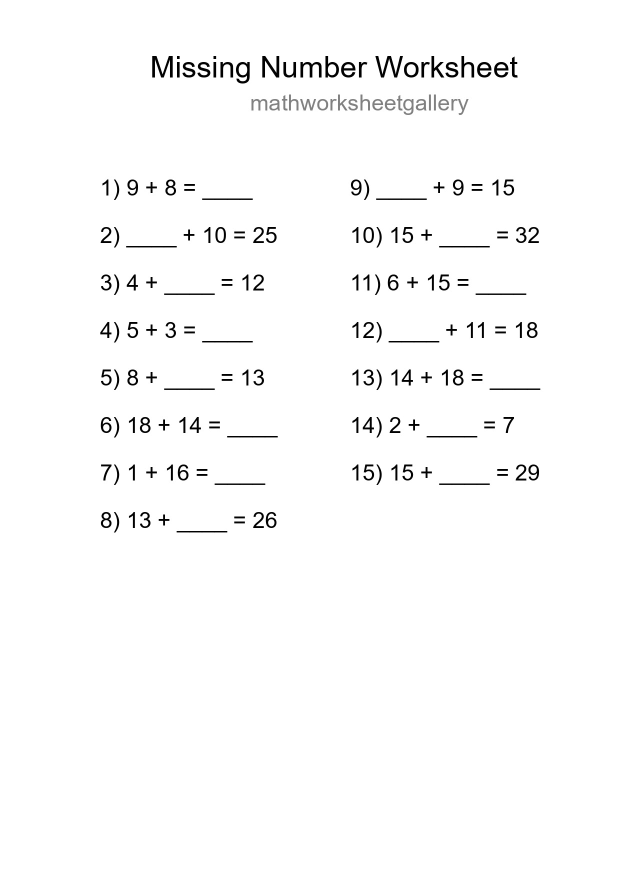 Missing Number Math Worksheet