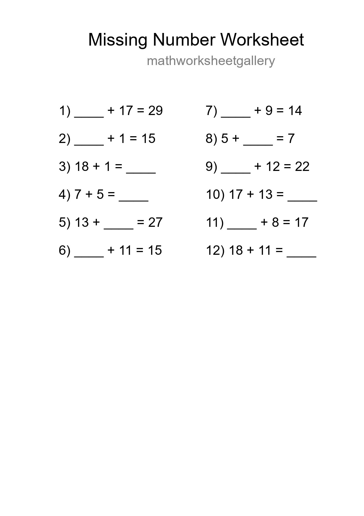 Missing Number Math Worksheet
